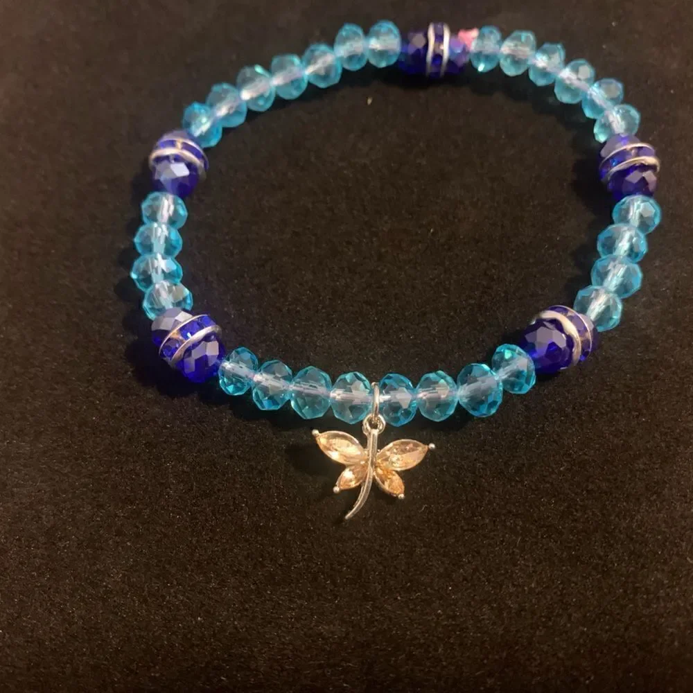 Handmade blue beaded stretch bracelet butterfly charm